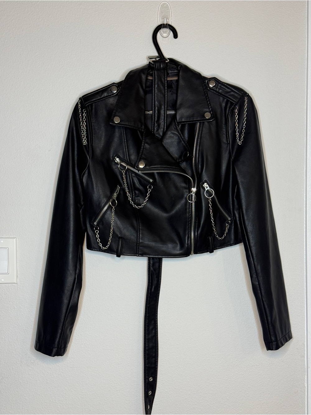 Forever 21 Black Faux Leather Chain-Accent Biker Jacket